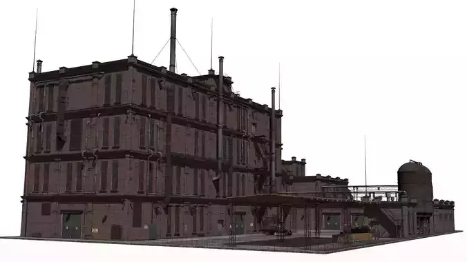 Factory brick building with pipes Low-poly 3D model