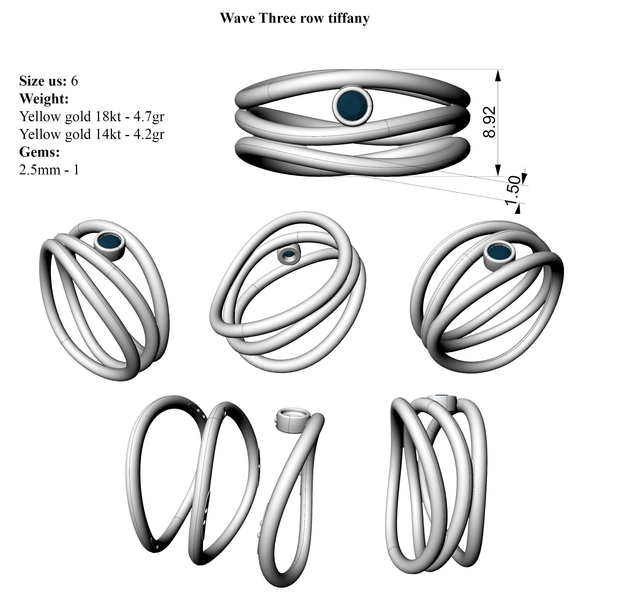 Wave Three Row All Sizes 3D print model_4