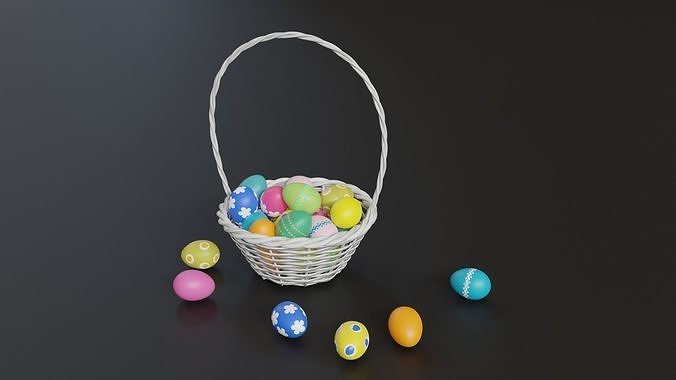 Easter White Basket with Eggs 3D model 2