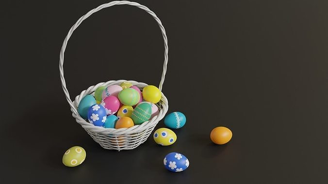 Easter White Basket with Eggs 3D model 5