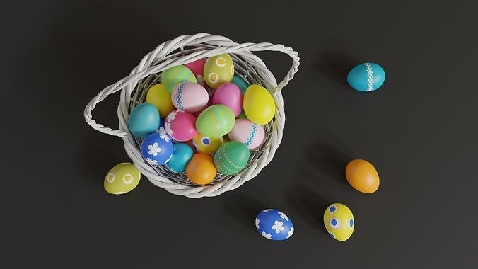 Easter White Basket with Eggs 3D model 4