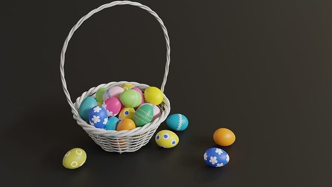Easter White Basket with Eggs 3D model 3