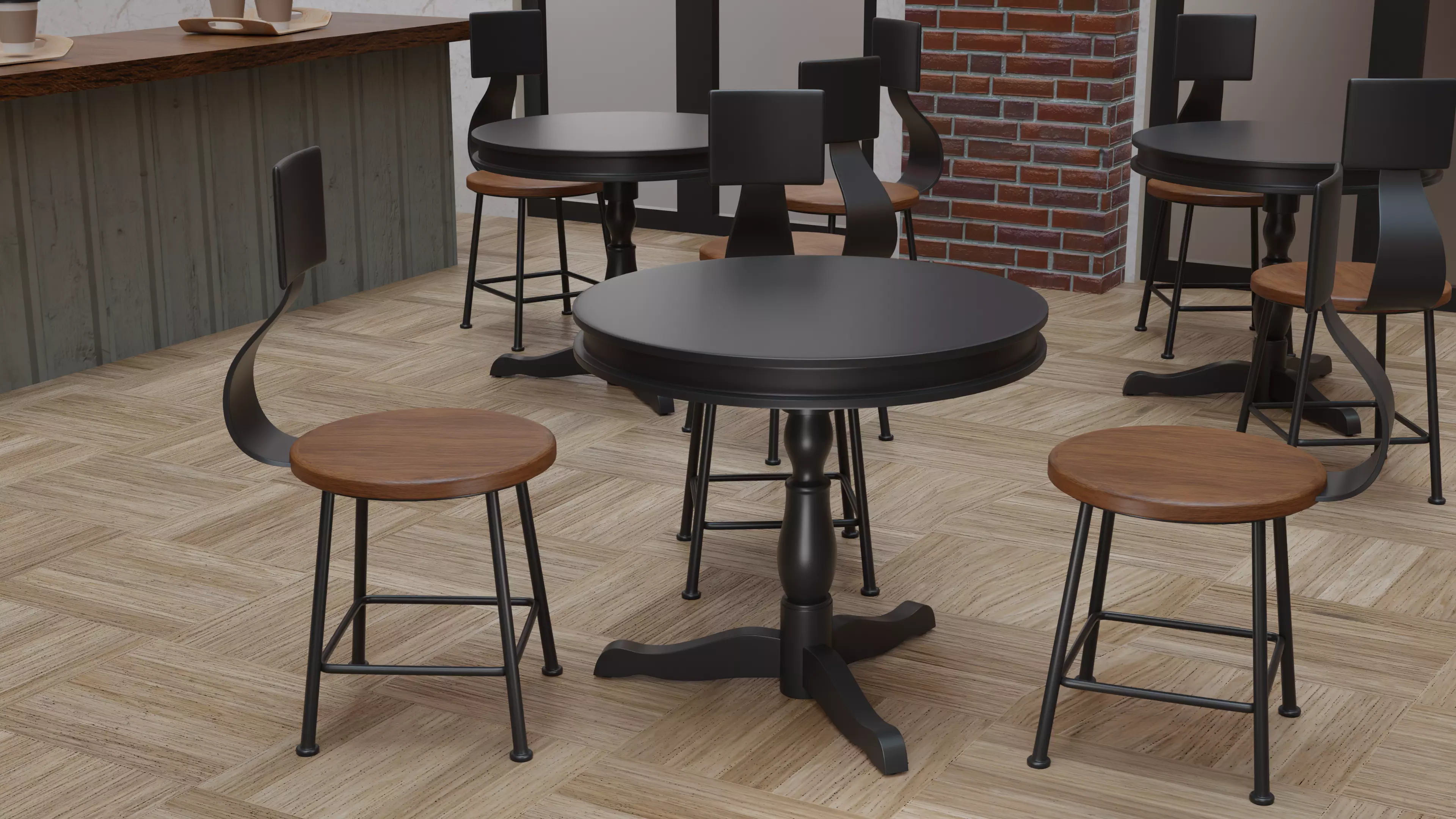 Coffee Shop Chair and Table Low-poly 3D model_0