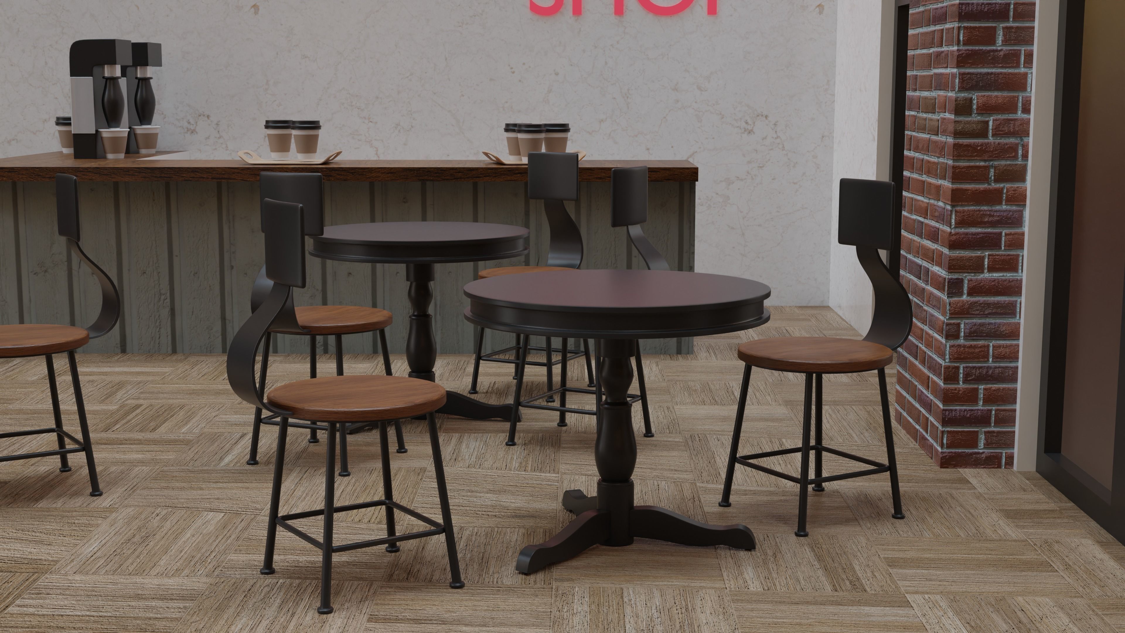 Coffee Shop Chair and Table Low-poly 3D model_1