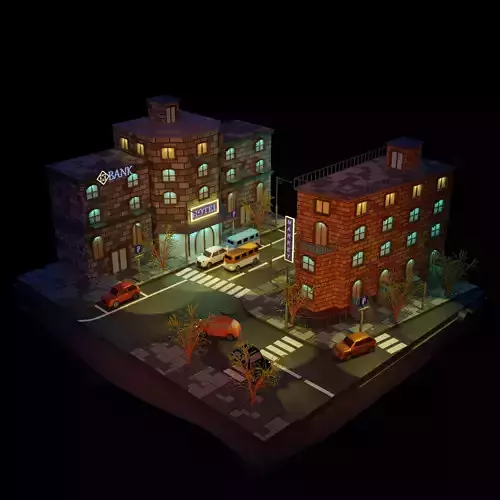 Cartoon city night street low poly PBR
