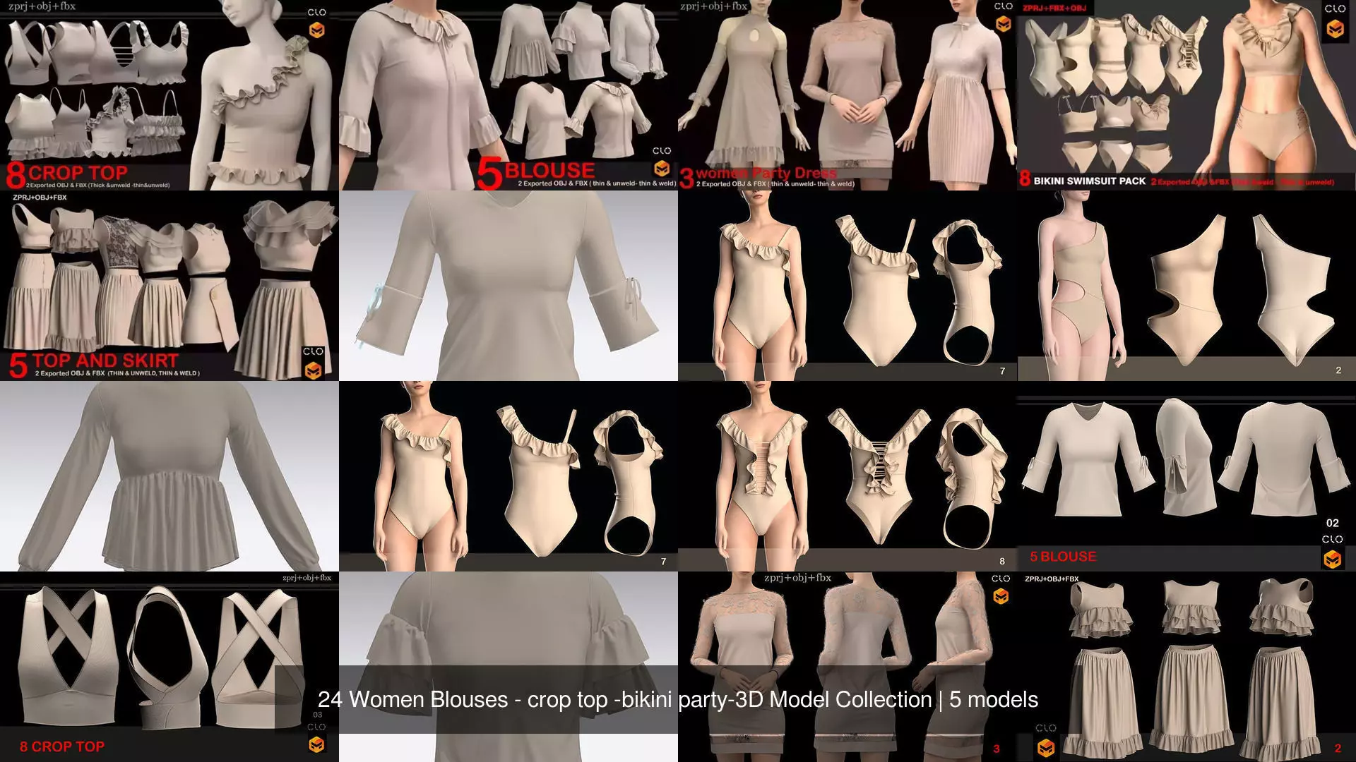 24 Women Blouses - crop top -bikini party-3D Model Collection _0
