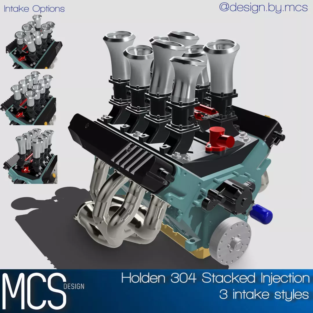 Holden 304 ITB Injected Engine 3x stack styles 3D print model_0
