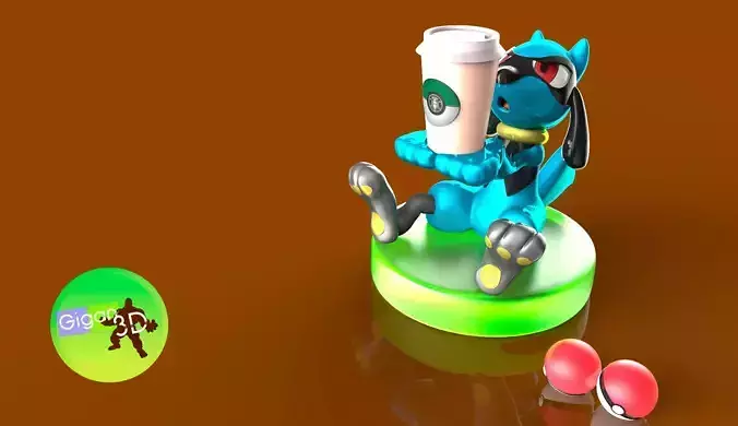 LUCARIO pokemon figurine holding cup of coffee 3D print model