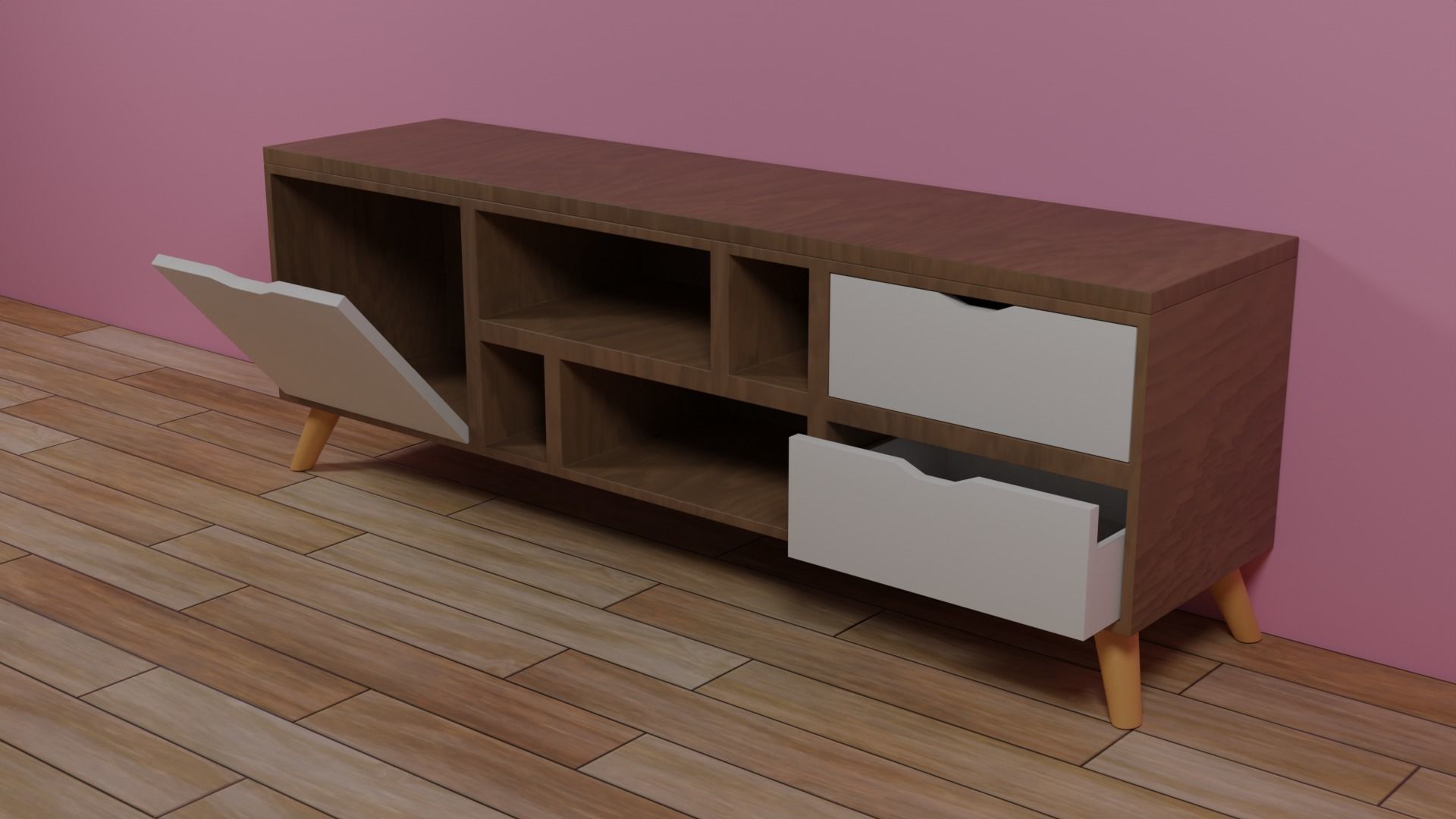 TV-CABINET-02 sideboard with two drawers and wall 3D model_1