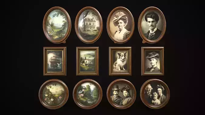 Vintage photo frames and paintings Low-poly 3D model