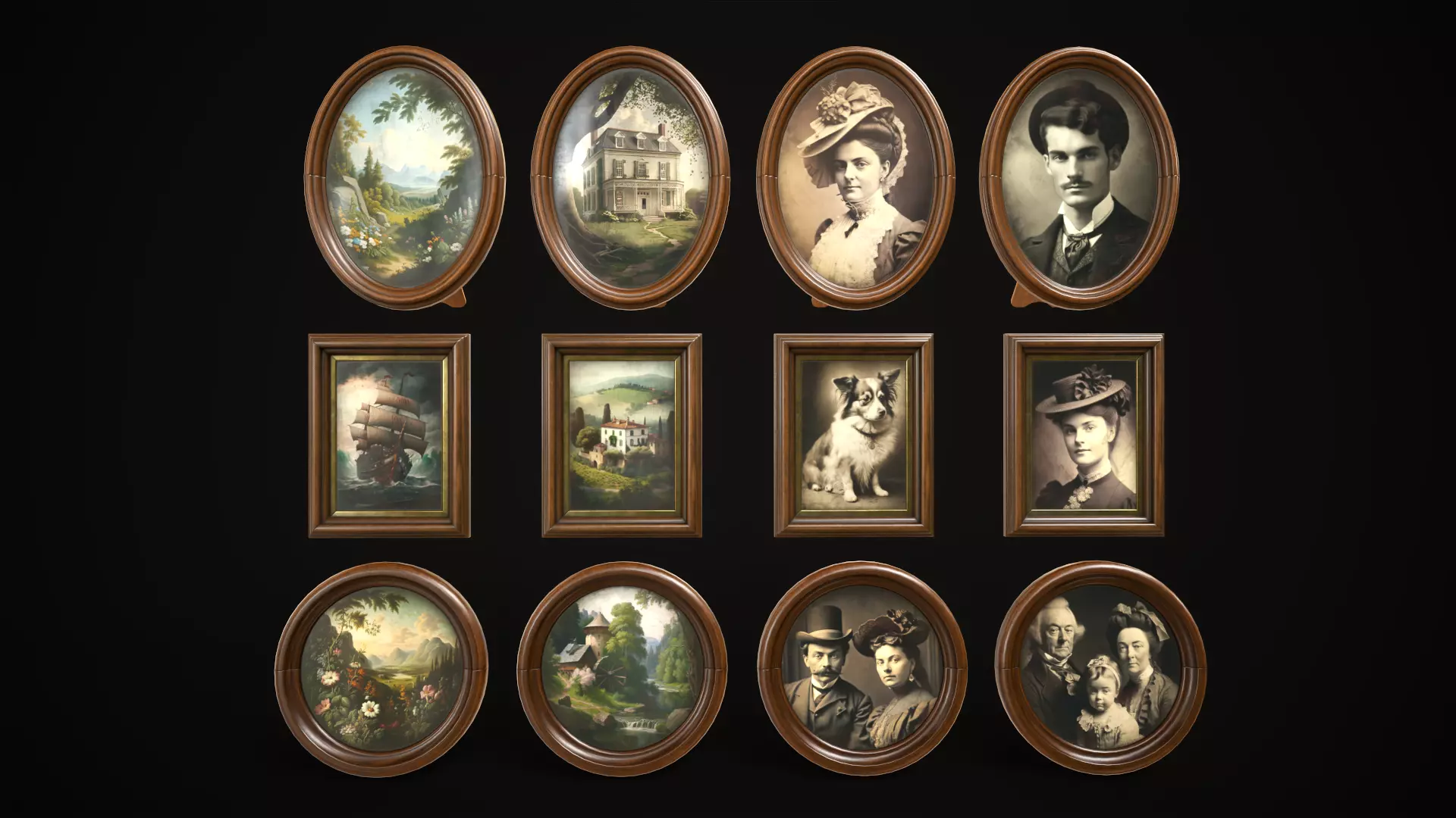 Vintage photo frames and paintings Low-poly 3D model_0