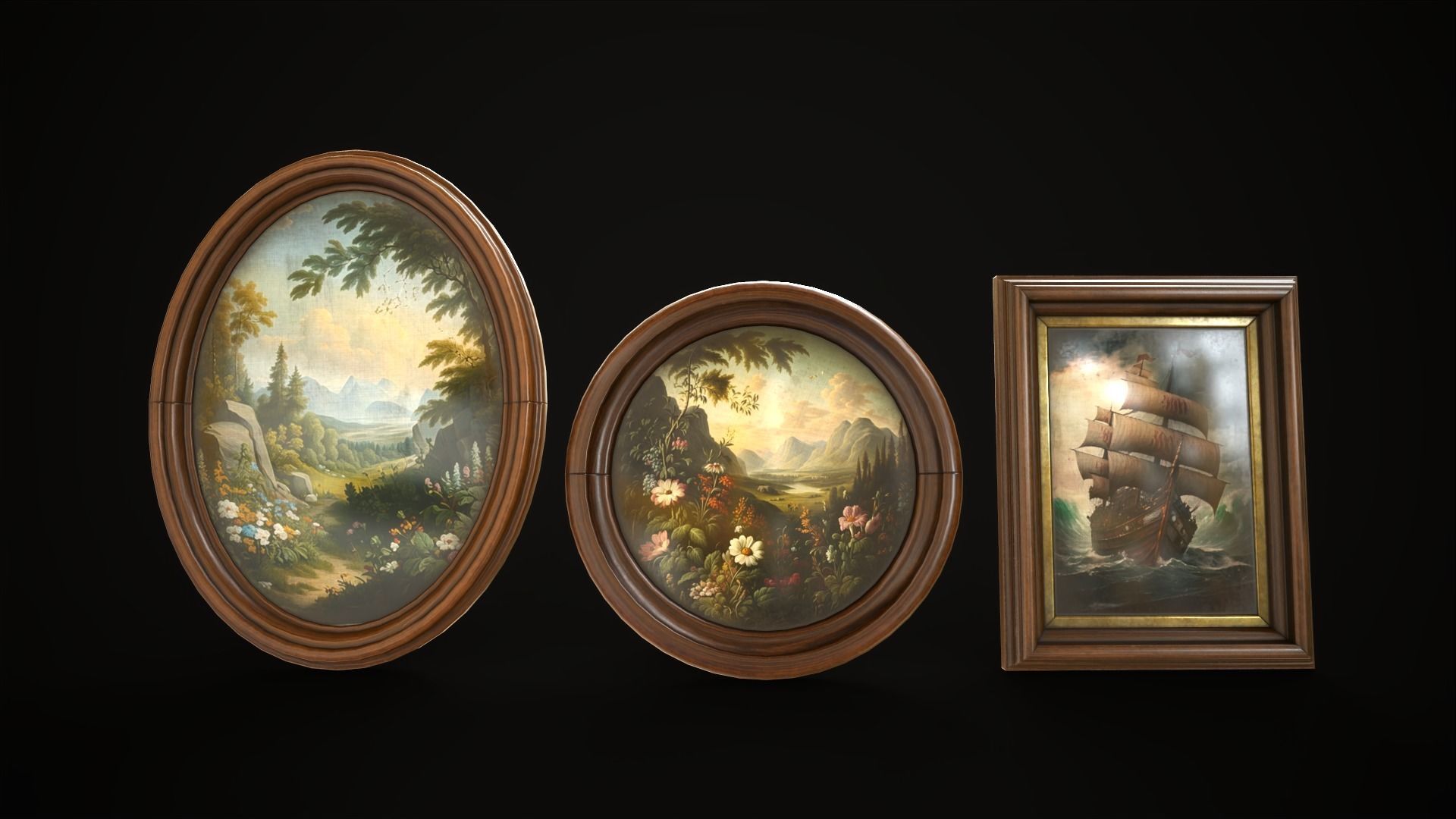 Vintage photo frames and paintings Low-poly 3D model_1
