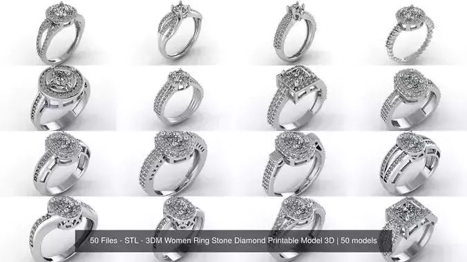 50 Files - STL - 3DM Women Ring Stone Diamond Printable Model 3D