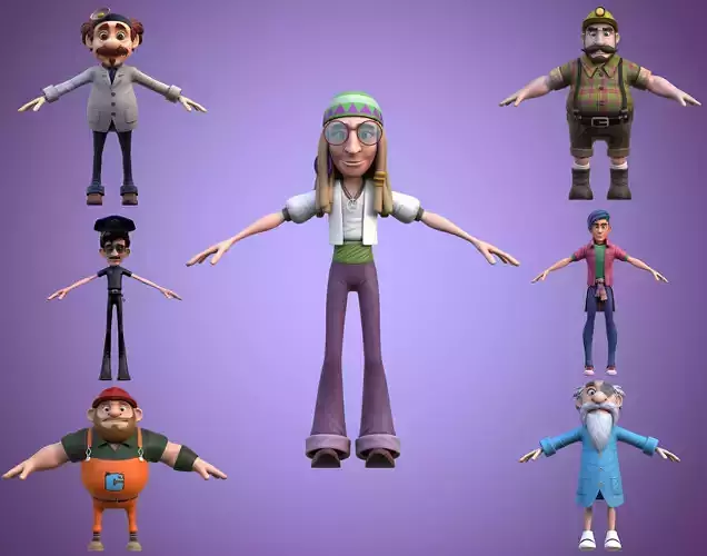 7 Cute Cartoon Characters Expertly Crafted 3D Models Collection Low-poly 3D model
