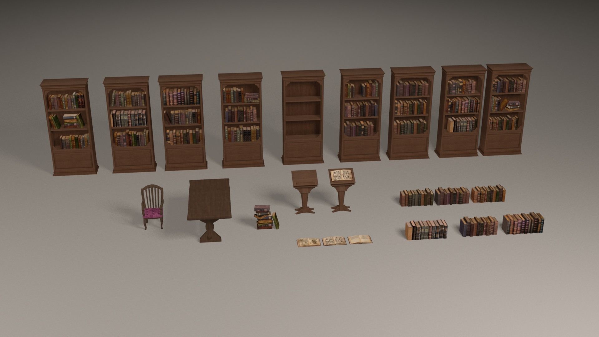 Bookcases library with bookshelves and chairs Low-poly 3D model_10