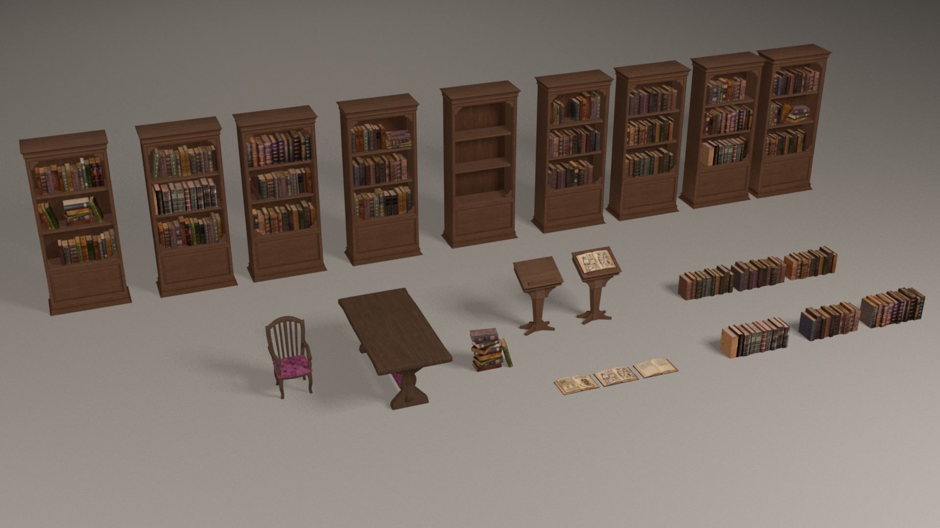 Bookcases library with bookshelves and chairs Low-poly 3D model_2