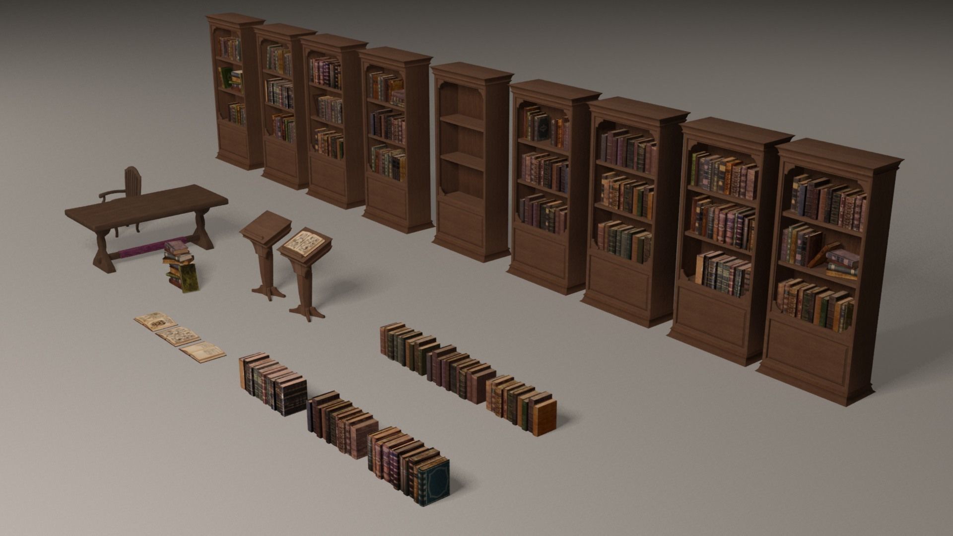 Bookcases library with bookshelves and chairs Low-poly 3D model_3