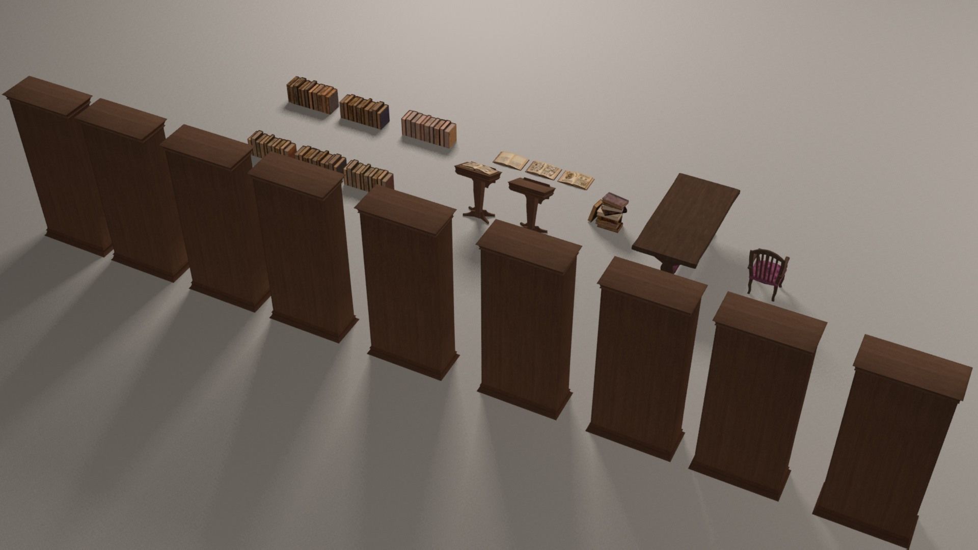 Bookcases library with bookshelves and chairs Low-poly 3D model_9