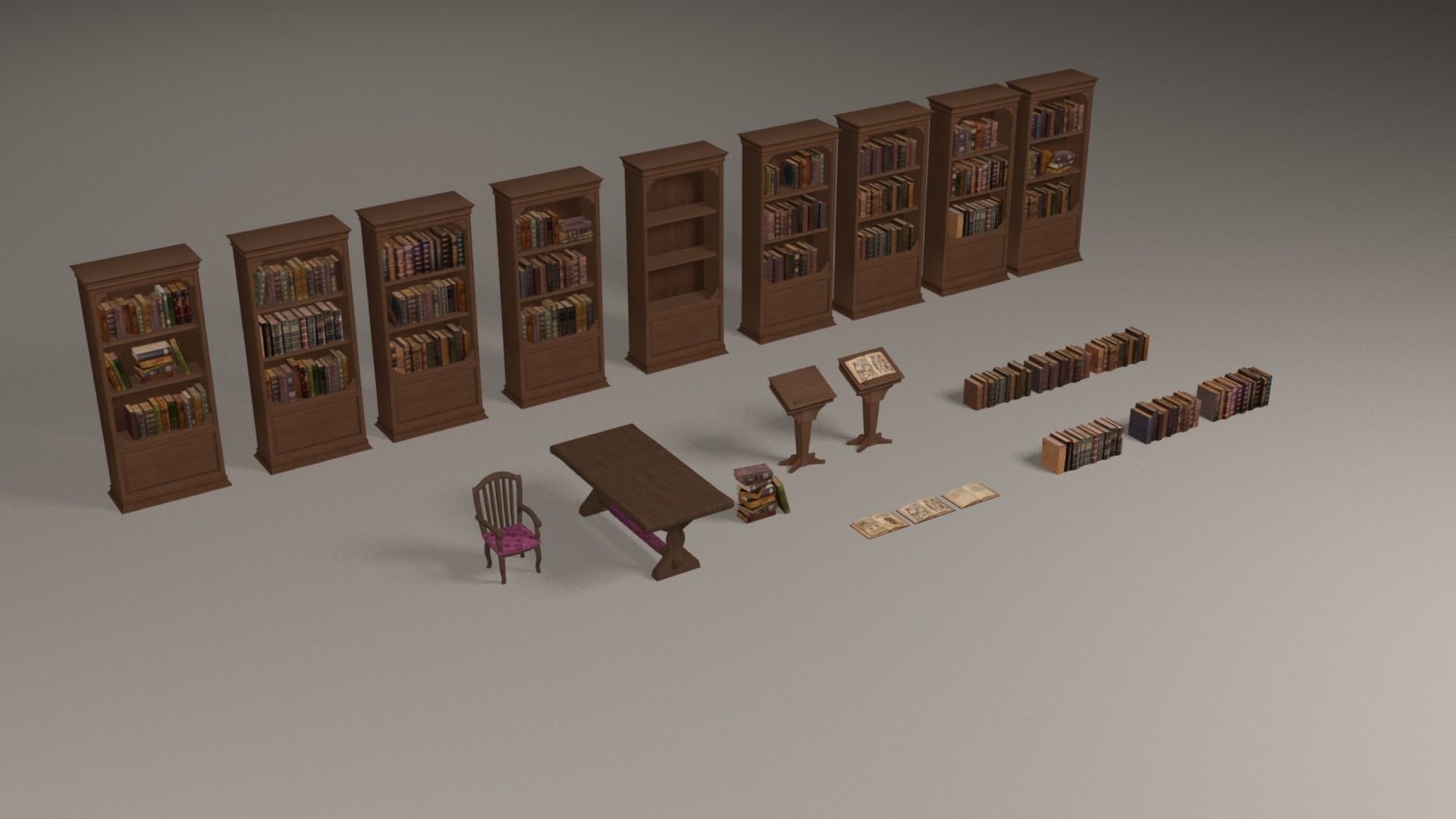 Bookcases library with bookshelves and chairs Low-poly 3D model_4