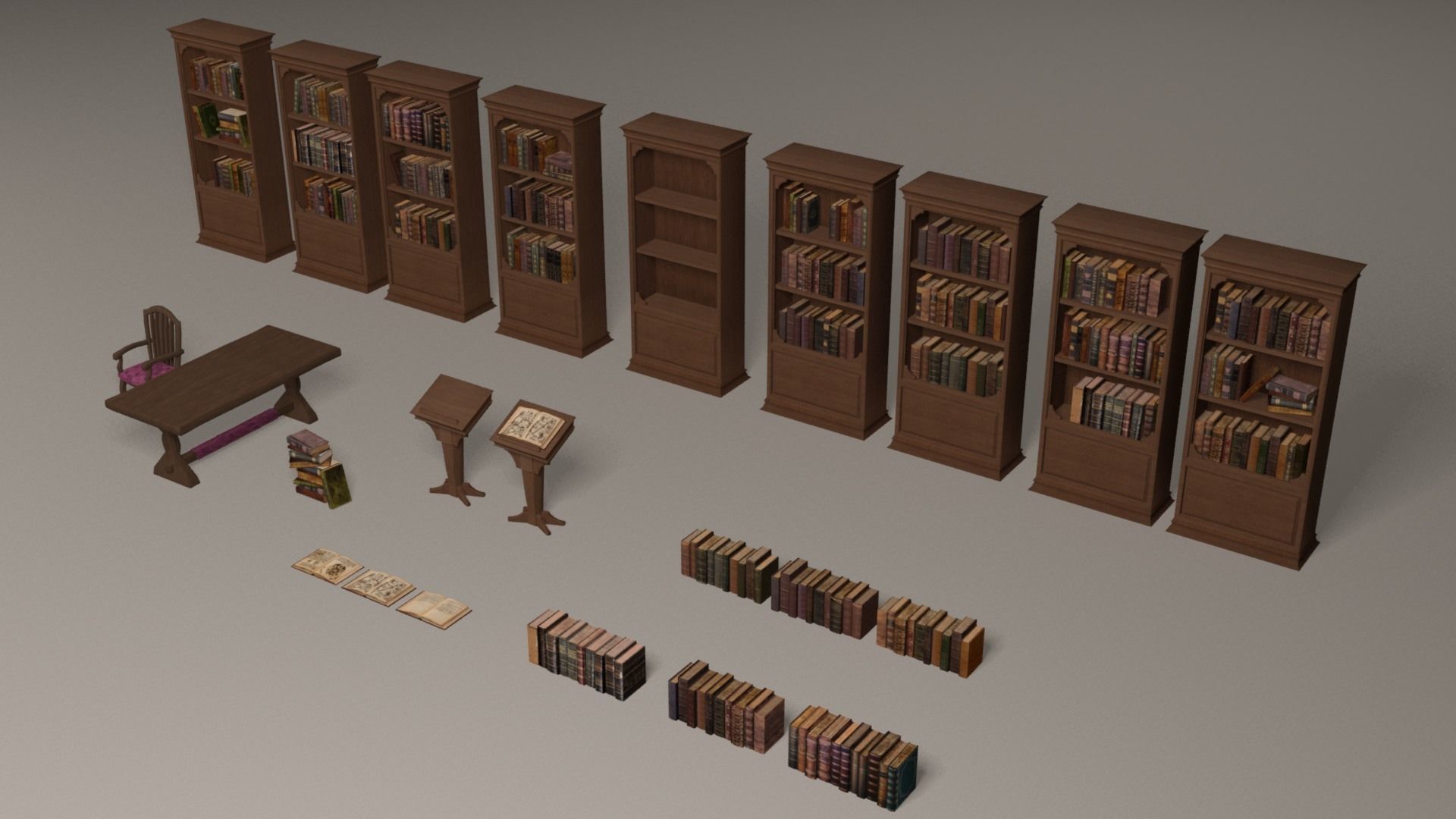 Bookcases library with bookshelves and chairs Low-poly 3D model_5