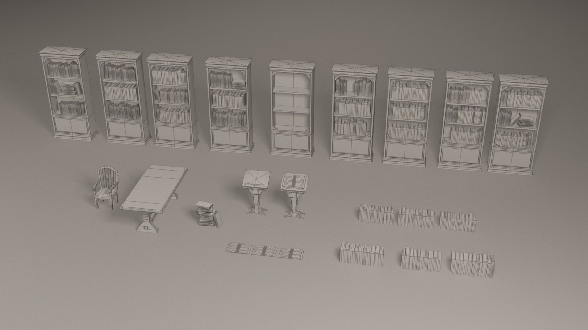 Bookcases library with bookshelves and chairs Low-poly 3D model_8