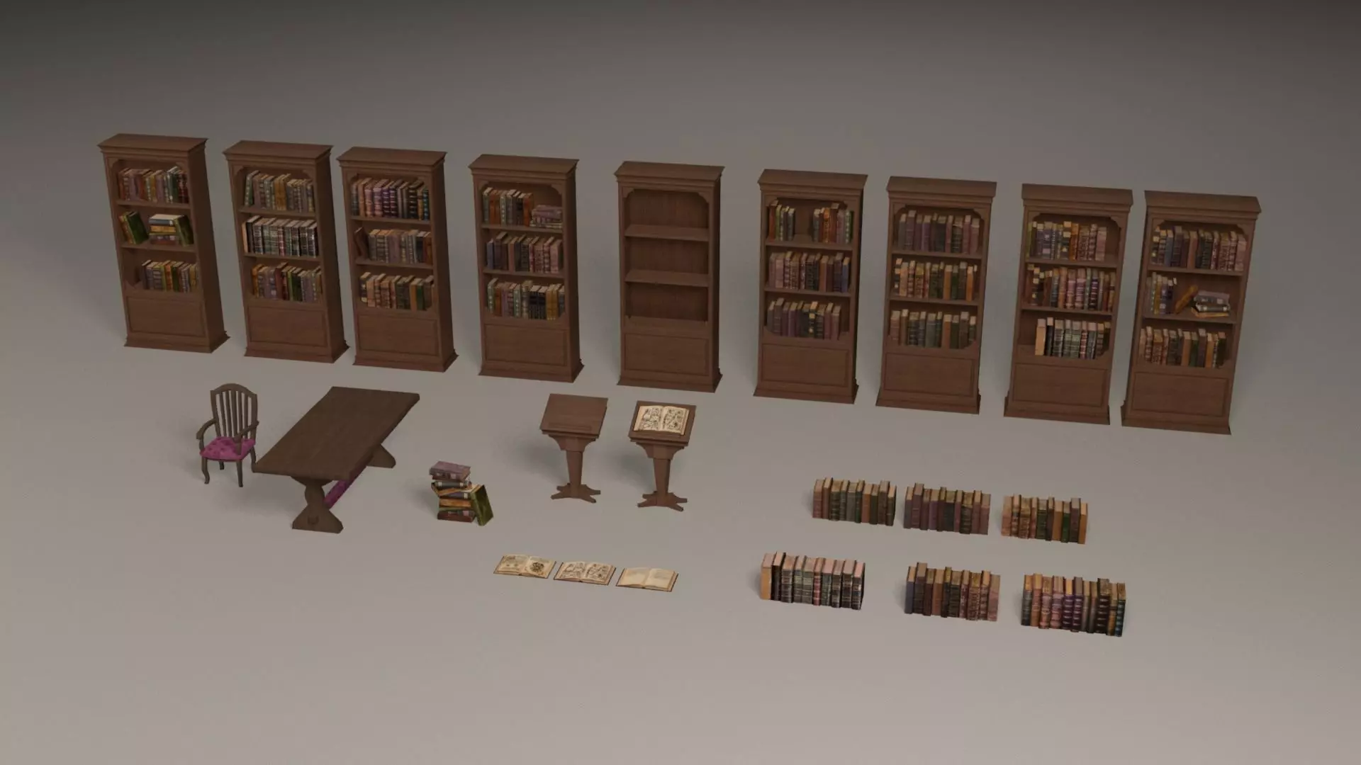 Bookcases library with bookshelves and chairs Low-poly 3D model_0