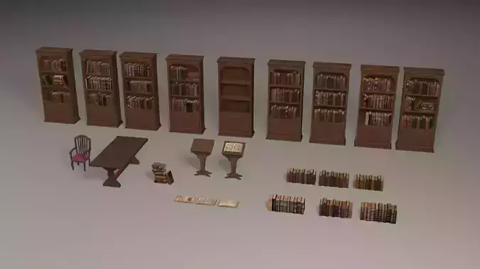 Bookcases library with bookshelves and chairs Low-poly 3D model