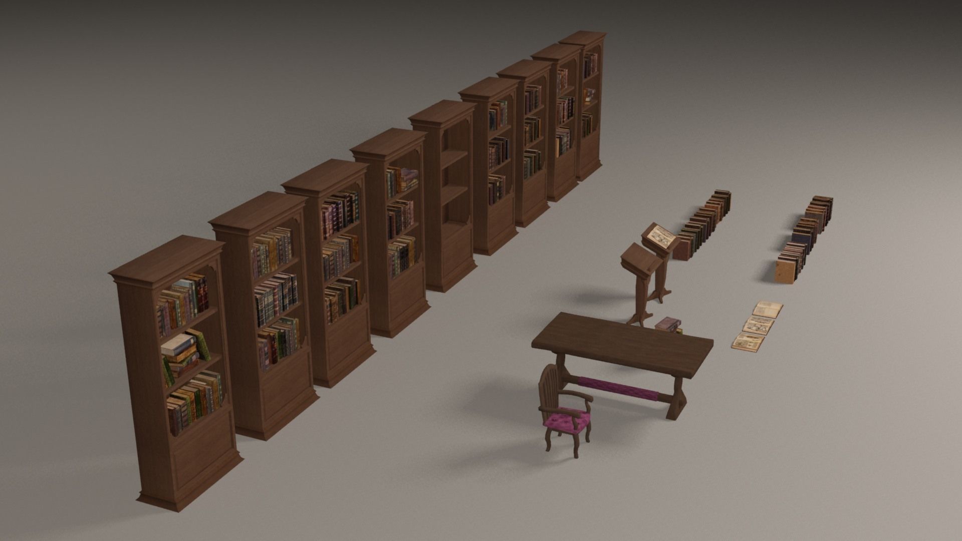 Bookcases library with bookshelves and chairs Low-poly 3D model_7
