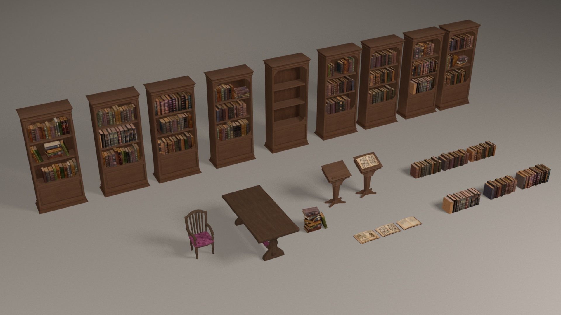 Bookcases library with bookshelves and chairs Low-poly 3D model_6
