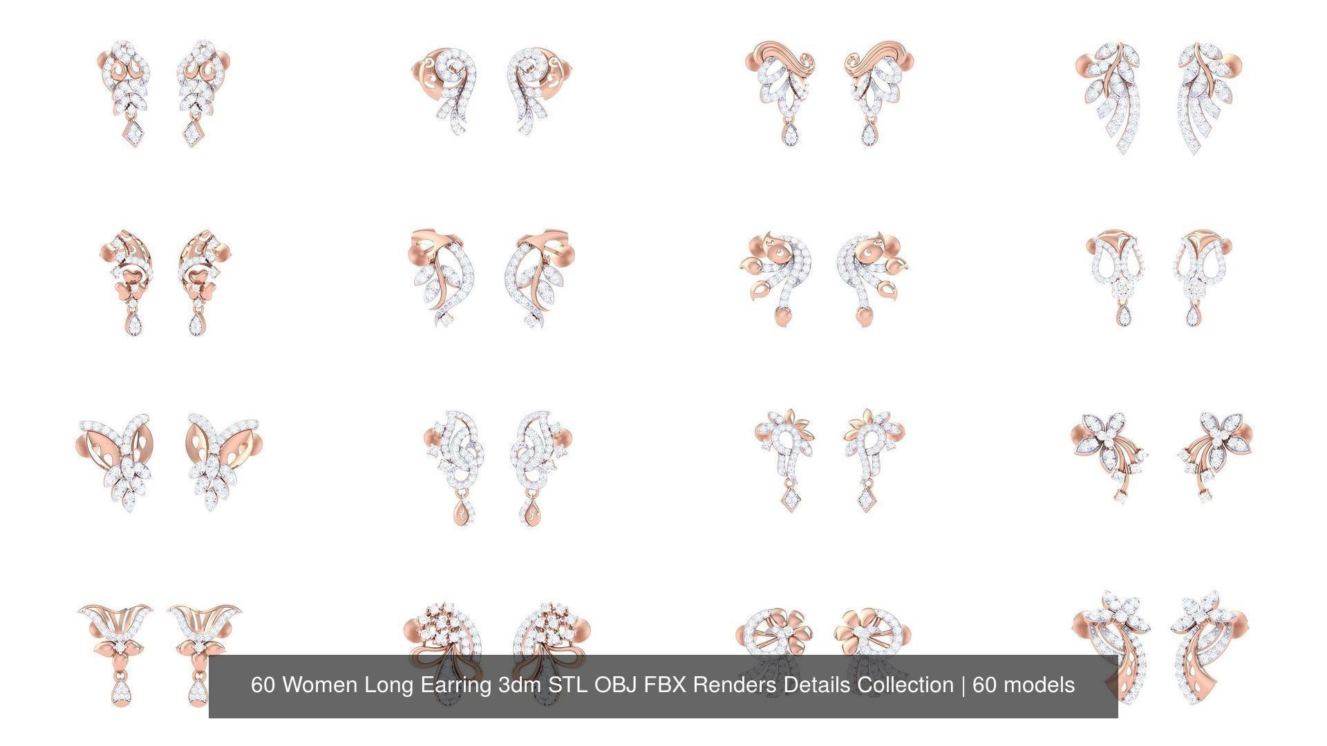 60 Women Long Earring 3dm STL OBJ FBX Renders Details Collection _2