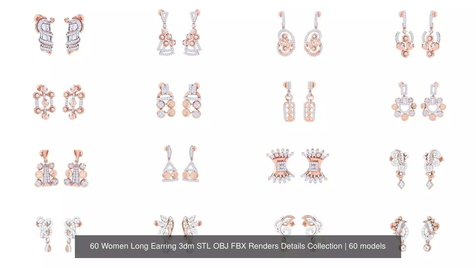 60 Women Long Earring 3dm STL OBJ FBX Renders Details Collection _0