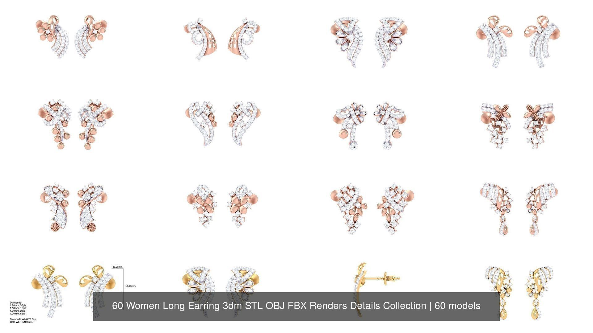 60 Women Long Earring 3dm STL OBJ FBX Renders Details Collection _6