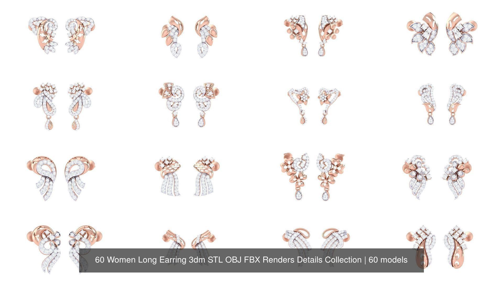 60 Women Long Earring 3dm STL OBJ FBX Renders Details Collection _4