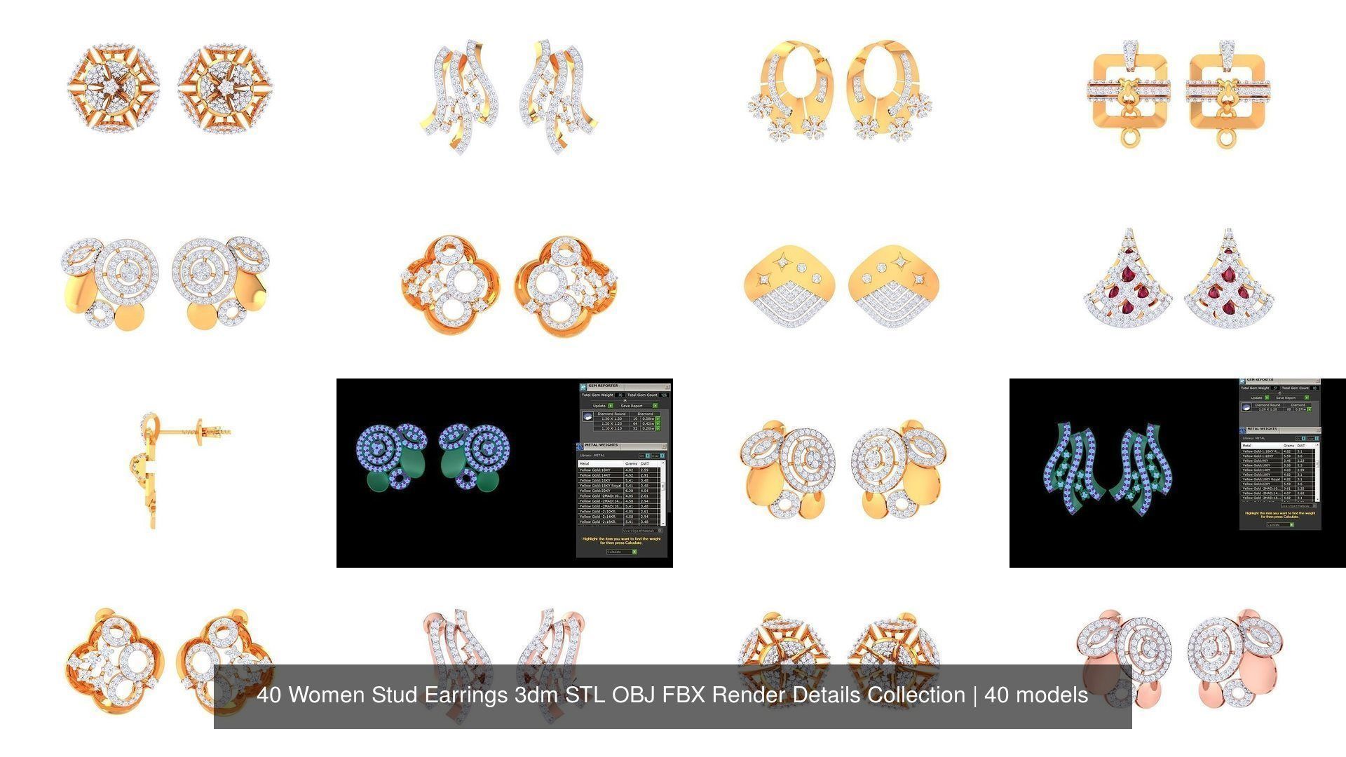 40 Women Stud Earrings 3dm STL OBJ FBX Render Details Collection _4