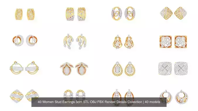 40 Women Stud Earrings 3dm STL OBJ FBX Render Details Collection
