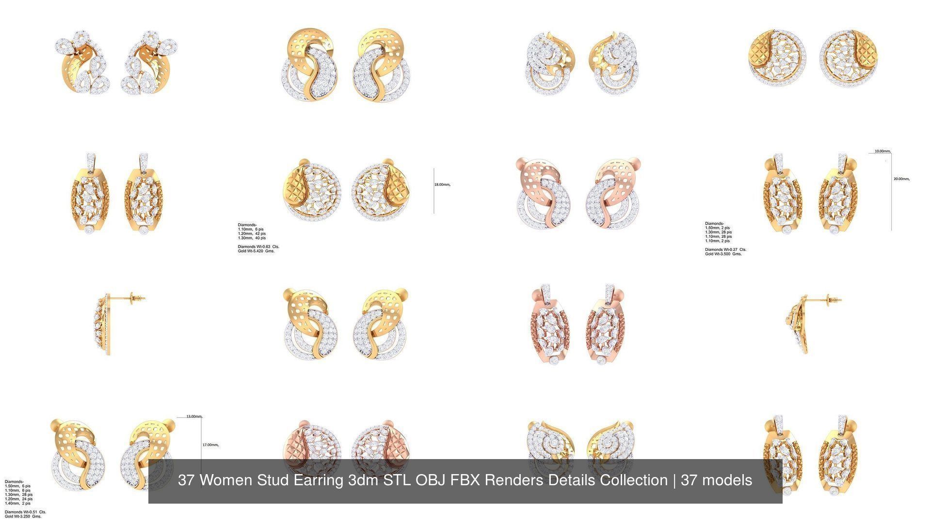 37 Women Stud Earring 3dm STL OBJ FBX Renders Details Collection _4