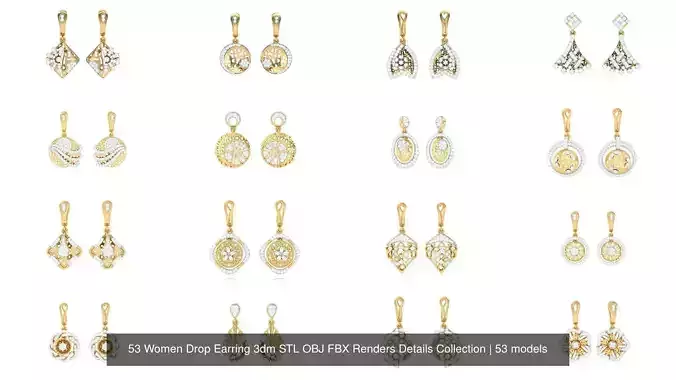 53 Women Drop Earring 3dm STL OBJ FBX Renders Details Collection