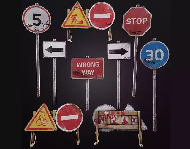 Game-ready Street Signs Collection post-apocalyptic rusty Low-poly 3D model