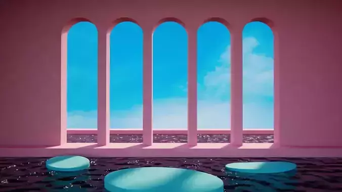 Simple colorful temple water pool scene Low-poly 3D model