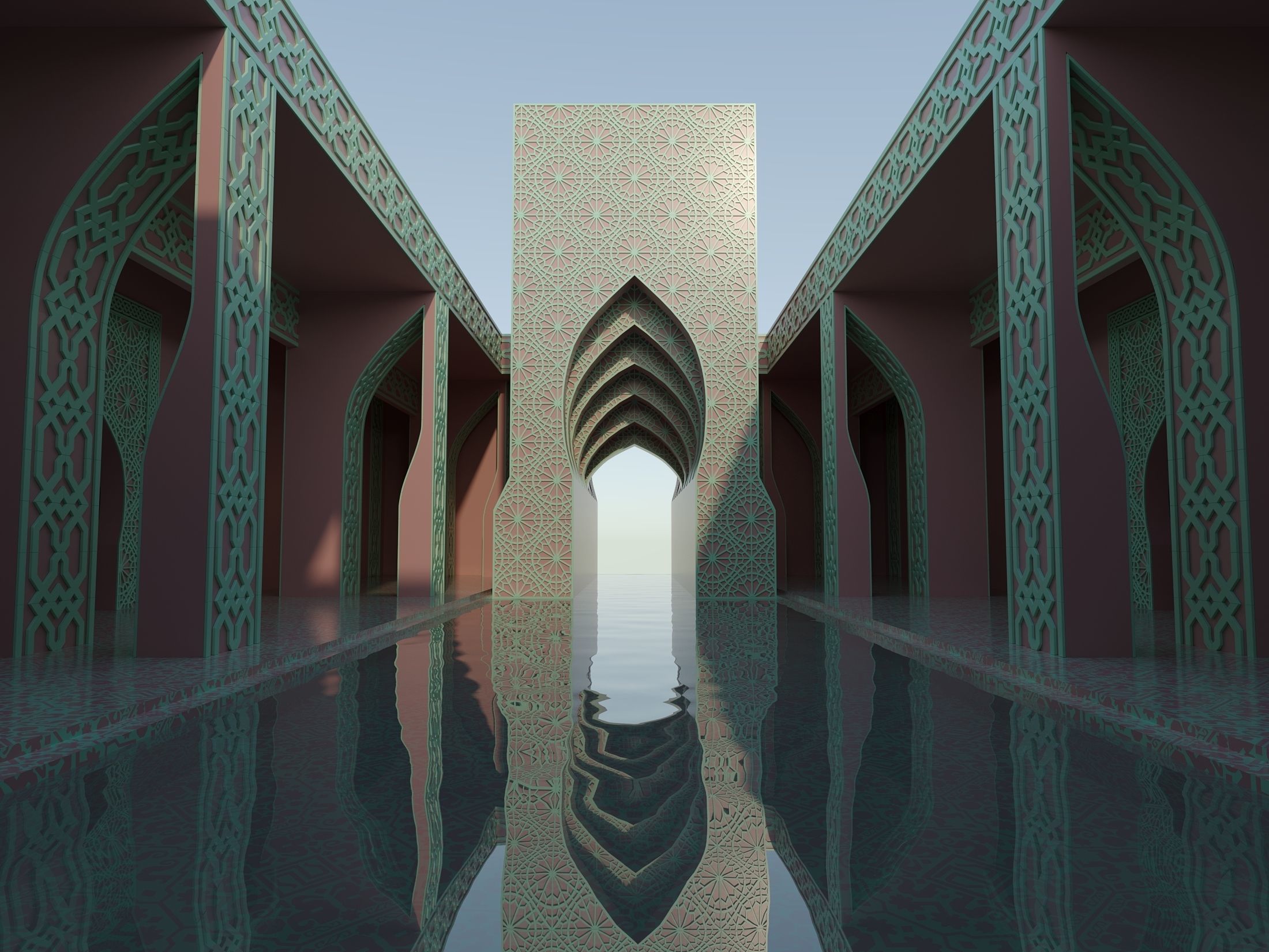 Moroccan-style infinity pool palace 3D model_2