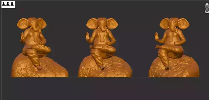 Ganesha 3D print model three statues of elephant on rock