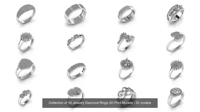 Collection of 50 Jewelry Diamond Rings 3D Print Models 