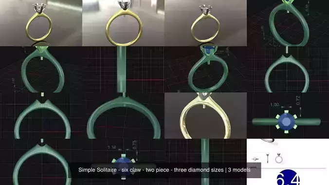 Simple Solitaire - six claw - two piece - three diamond sizes