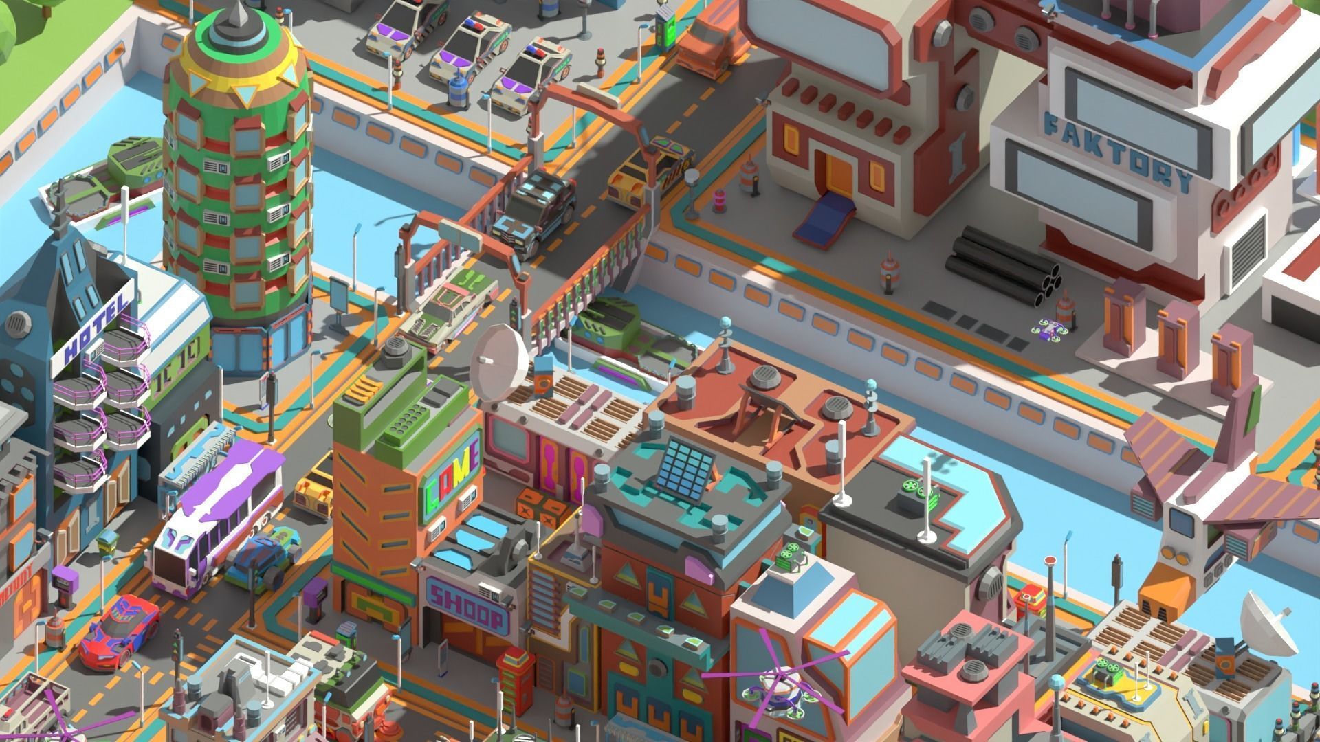 Scifi  Low Poly  Cartoon City  Low-poly 3D model_6