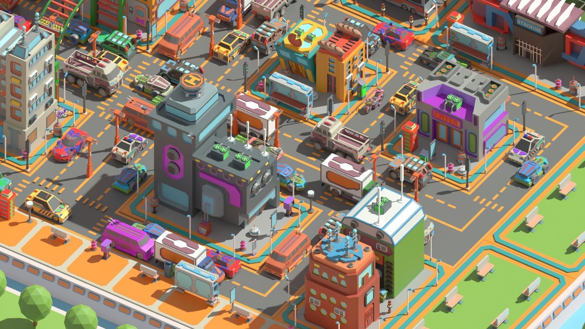 Scifi  Low Poly  Cartoon City  Low-poly 3D model_8