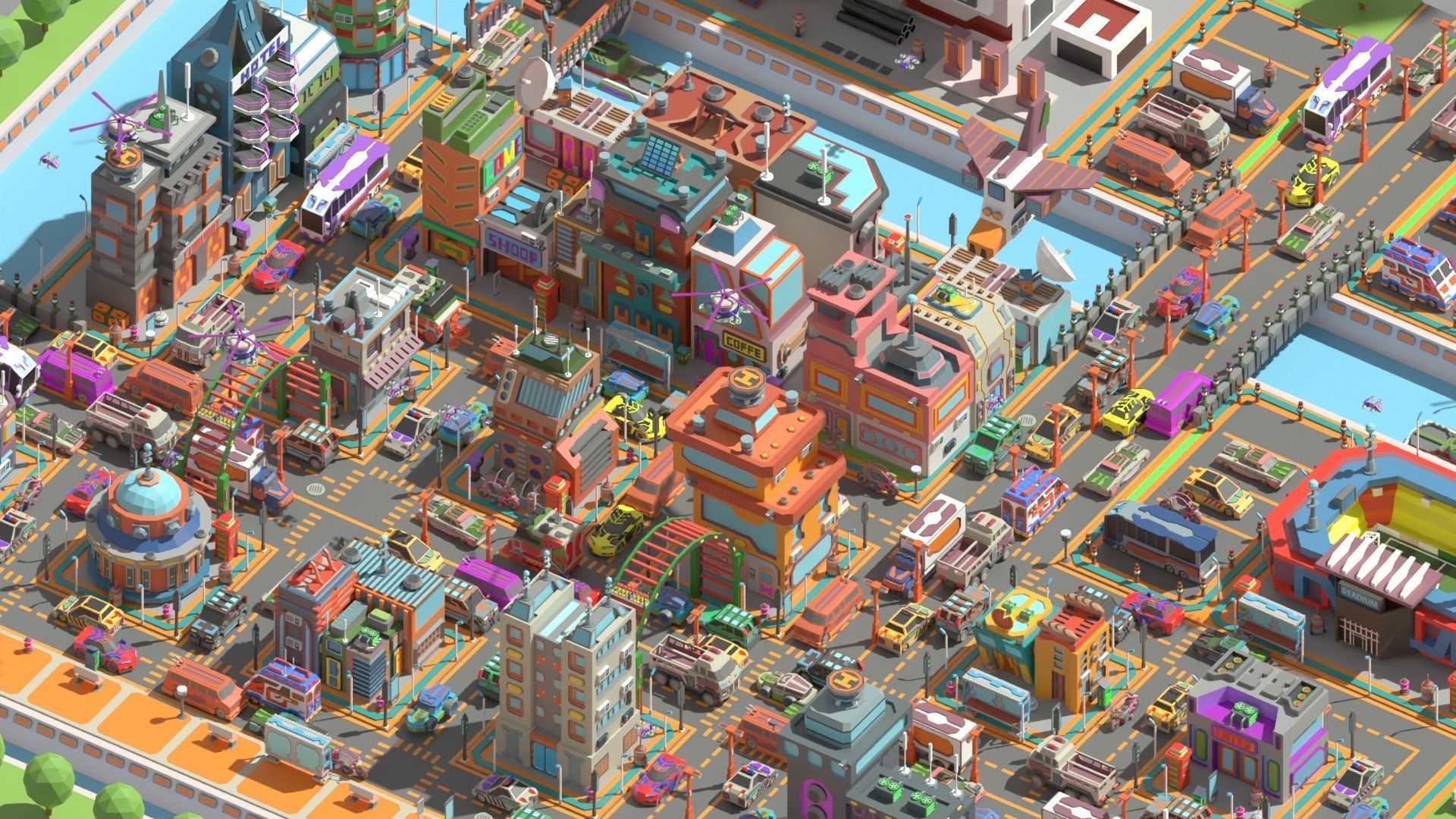 Scifi  Low Poly  Cartoon City  Low-poly 3D model_3