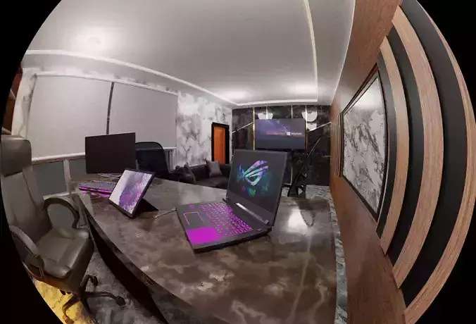 Office computer desk in circular view