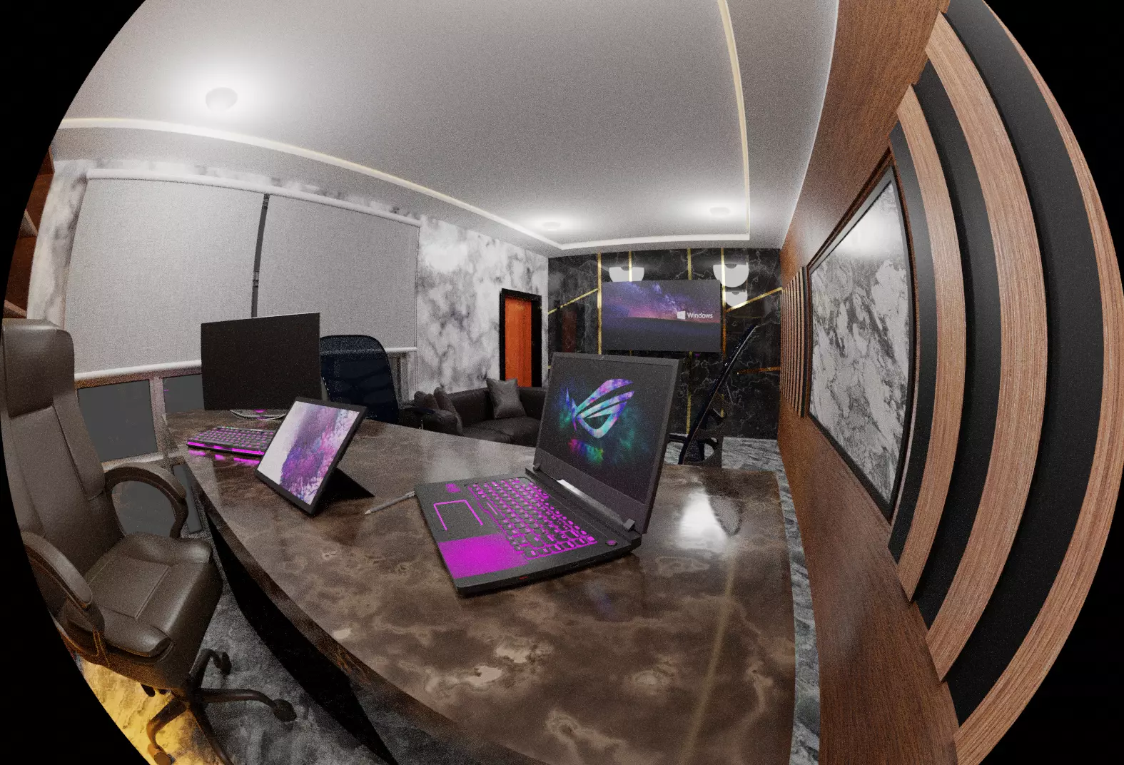 Office computer desk in circular view 3D model_0