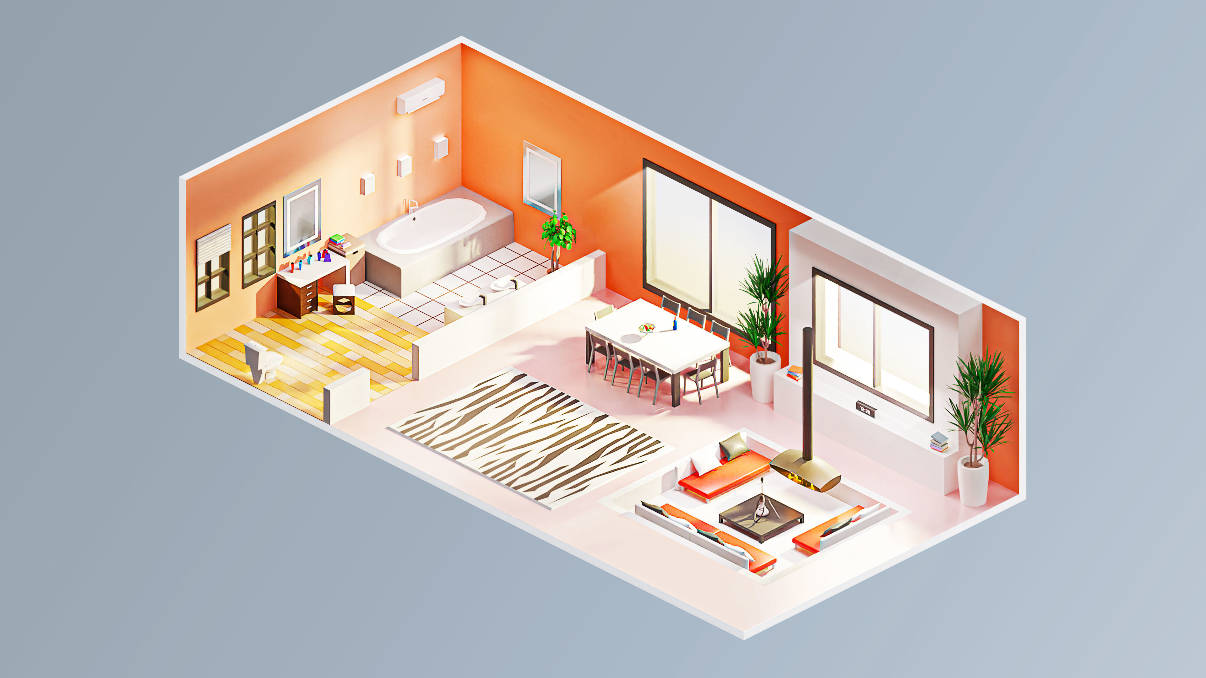 Room 4 living with orange couch Low-poly 3D model_3