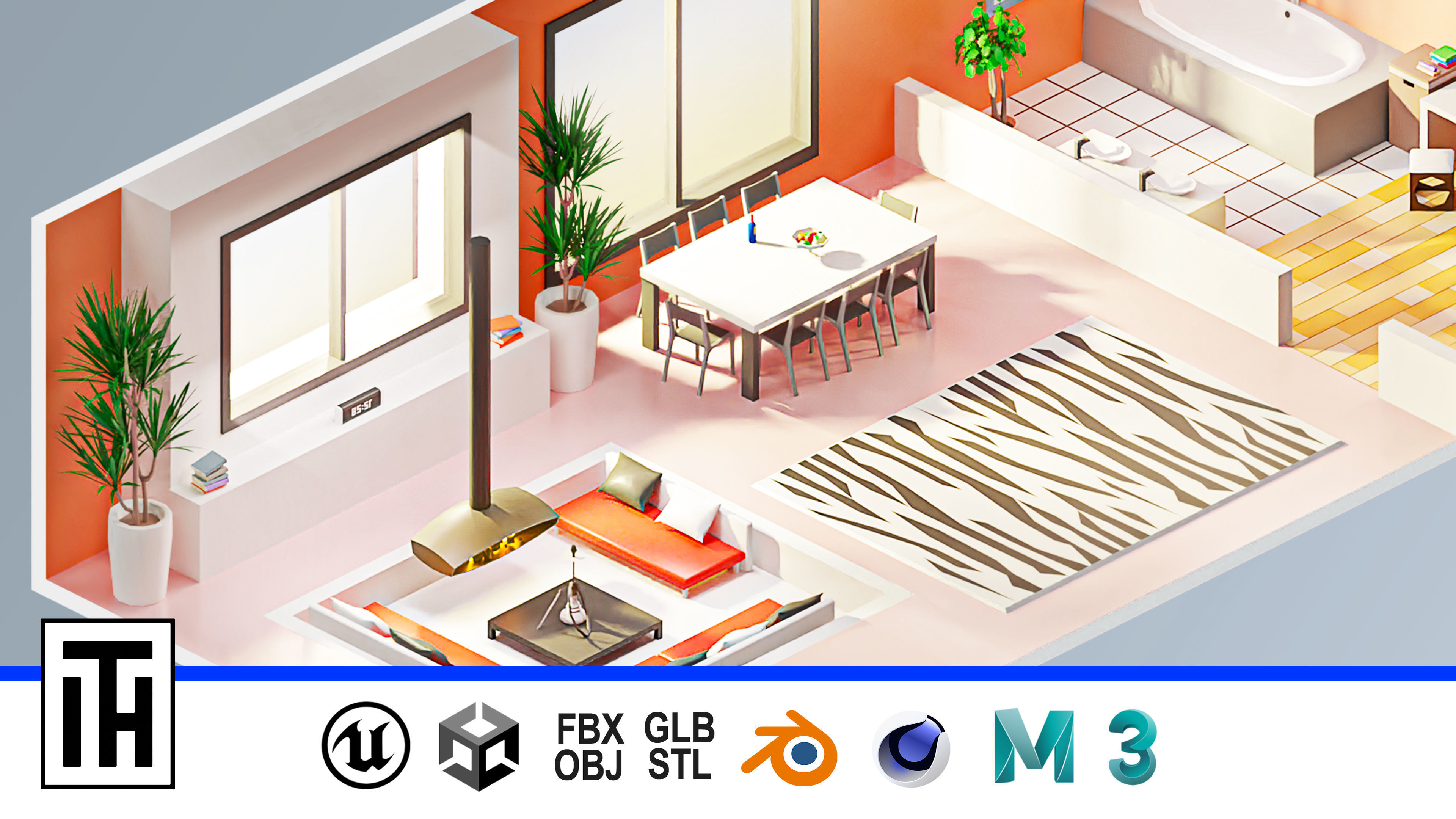 Room 4 living with orange couch Low-poly 3D model_1